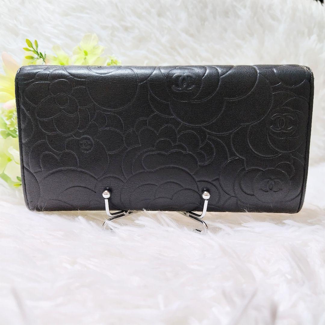 レア美品✨シャネル◇カメリアエンボスフラップ長財布シルバー金具ココマーク黒グレー