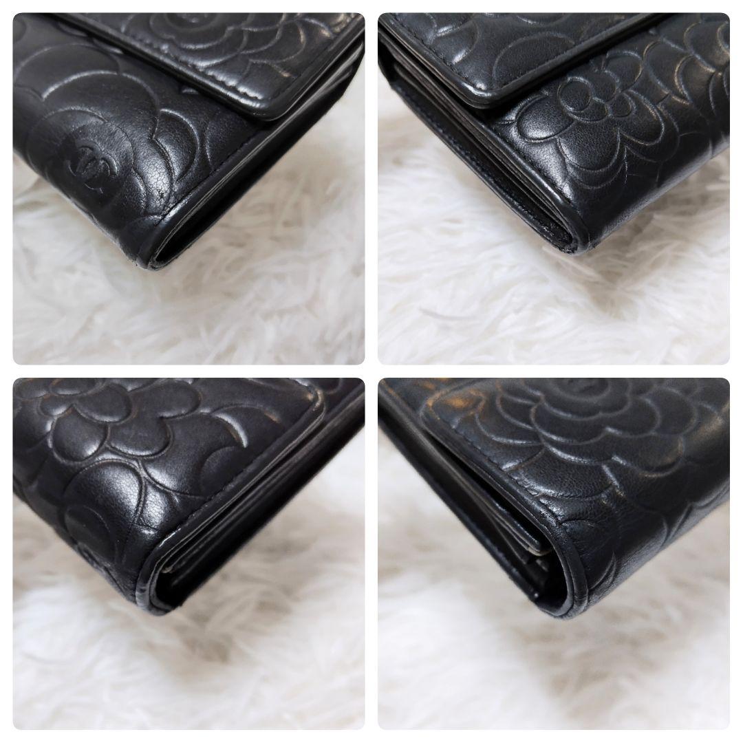 レア美品✨シャネル◇カメリアエンボスフラップ長財布シルバー金具ココマーク黒グレー