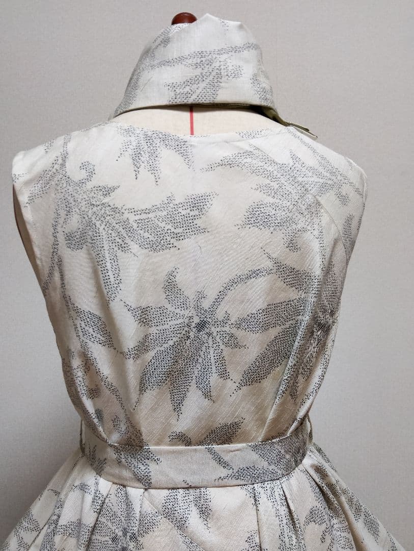 着物リメイク☆紬フレアーワンピース☆正絹ストールリボン2本付き☆