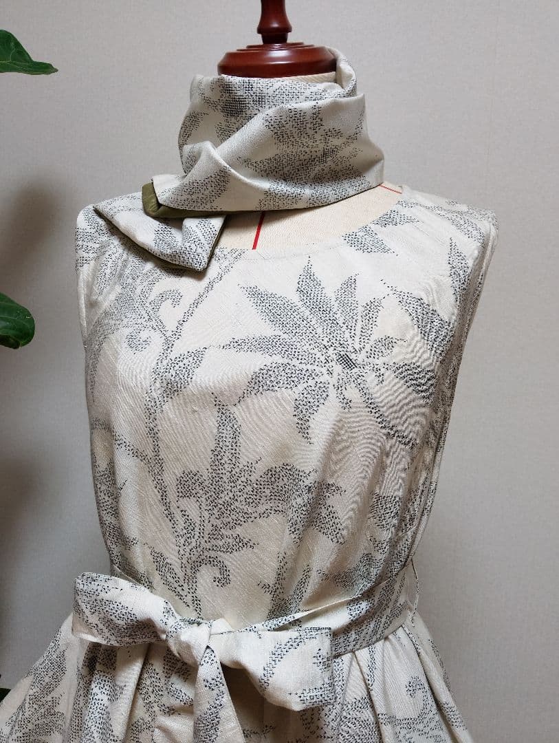 着物リメイク☆紬フレアーワンピース☆正絹ストールリボン2本付き☆