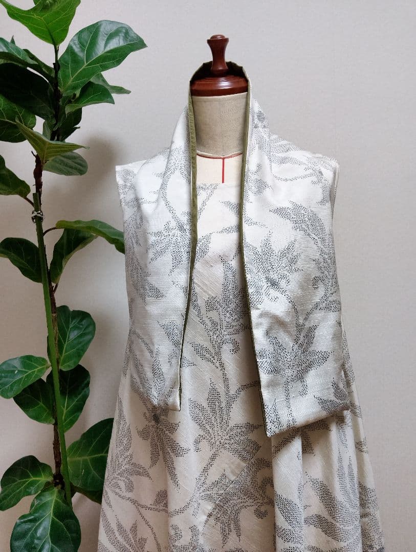 着物リメイク☆紬フレアーワンピース☆正絹ストールリボン2本付き☆