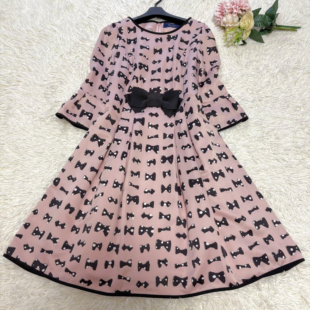 【美品】リボン付き　エムズグレイシー　ワンピース　フレア ピンク　20年 38