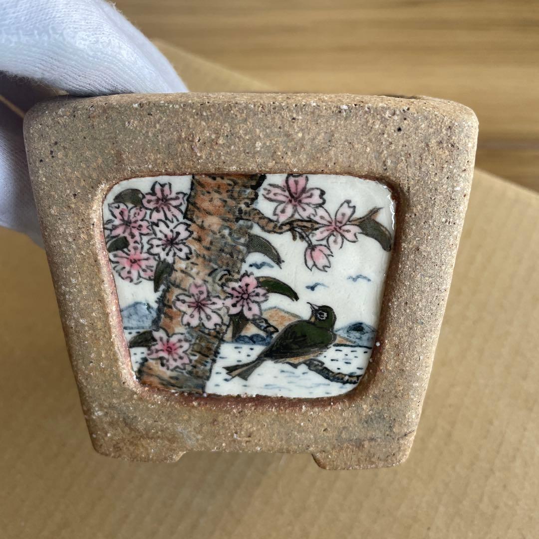 盆栽鉢　桑津香石　絵鉢　落款印　山水画　梅　桜　鳥　松　四角　山野草