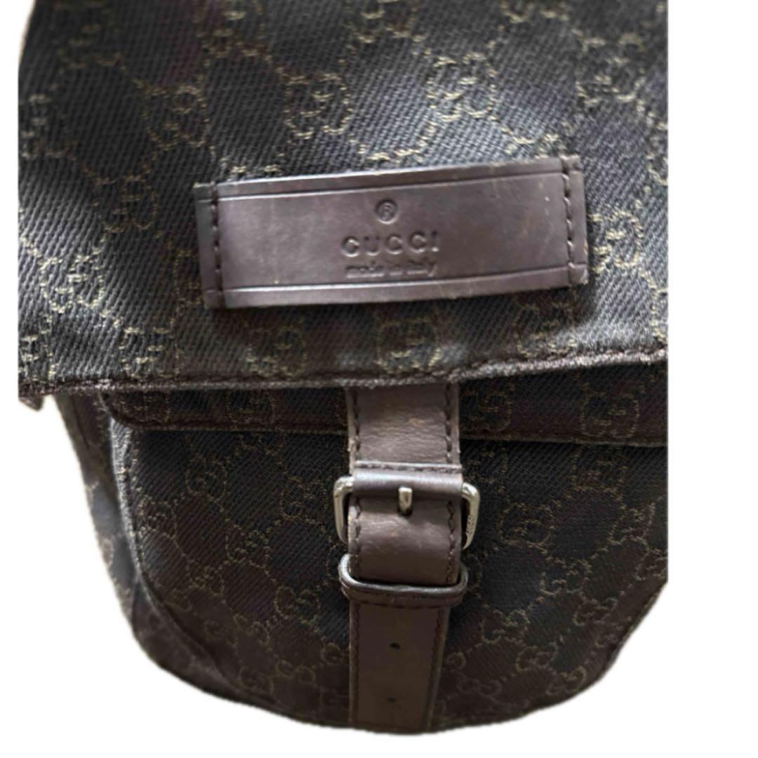 GUCCIGG柄 ロングショルダーバッグ 茶 ブラウン デニム×レザー
