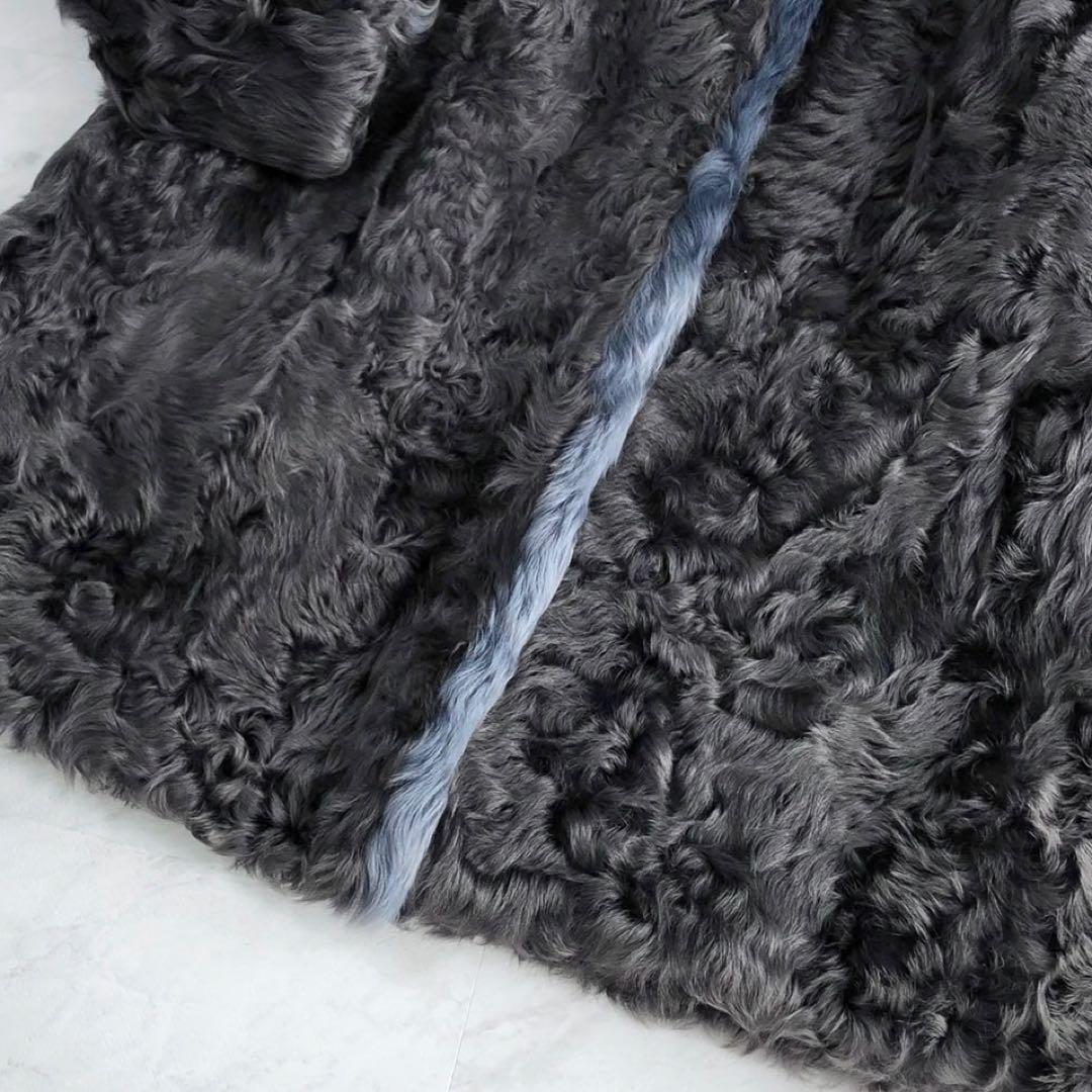 CHEVAREINE カルガンラム 羊毛皮 リアルファーコート グレー×ブルー系