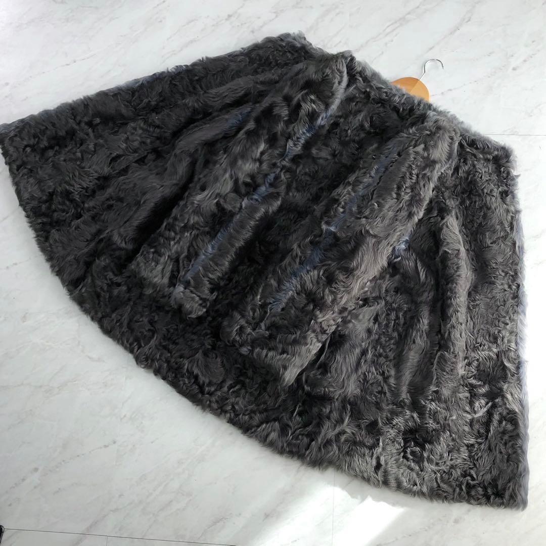 CHEVAREINE カルガンラム 羊毛皮 リアルファーコート グレー×ブルー系