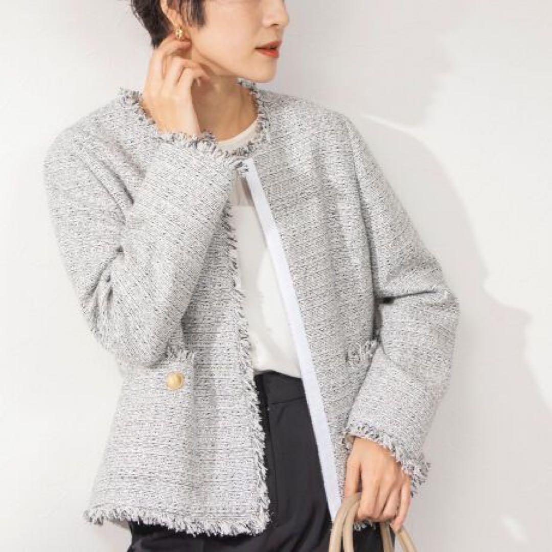 ノーカラージャケット グレー系 フリンジ仕上げ