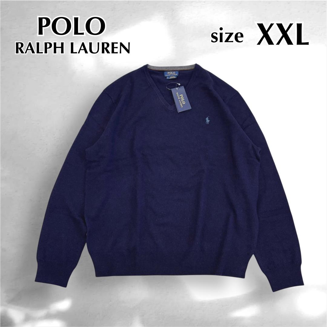 未使用　ポロ ラルフローレン　ウール100%　ロゴ刺繍　ニット　XXL　ネイビー