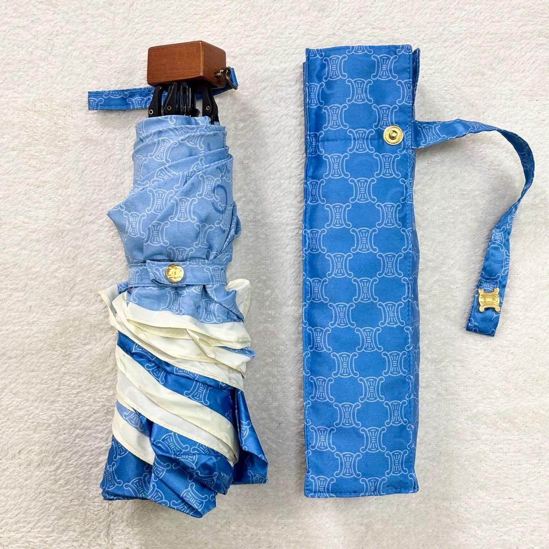 未使用級 CELINE セリーヌ マカダム柄 折り畳み傘 ブルー