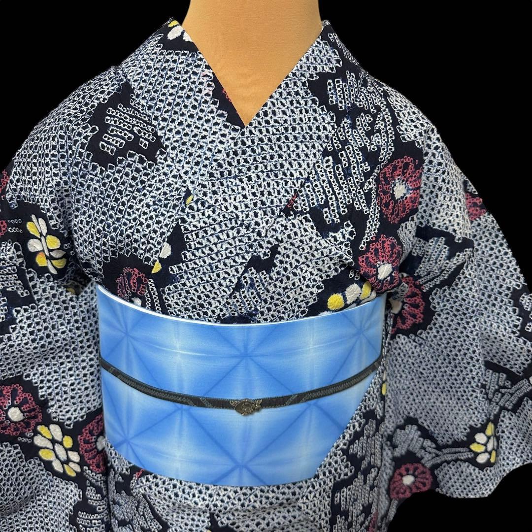 ★有松鳴海絞り浴衣‼️濃紺系　総絞り　手絞り　綿　クリーニング済
