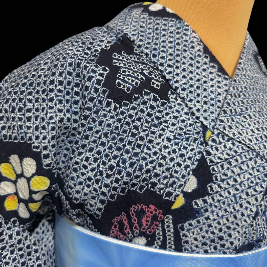 ★有松鳴海絞り浴衣‼️濃紺系　総絞り　手絞り　綿　クリーニング済