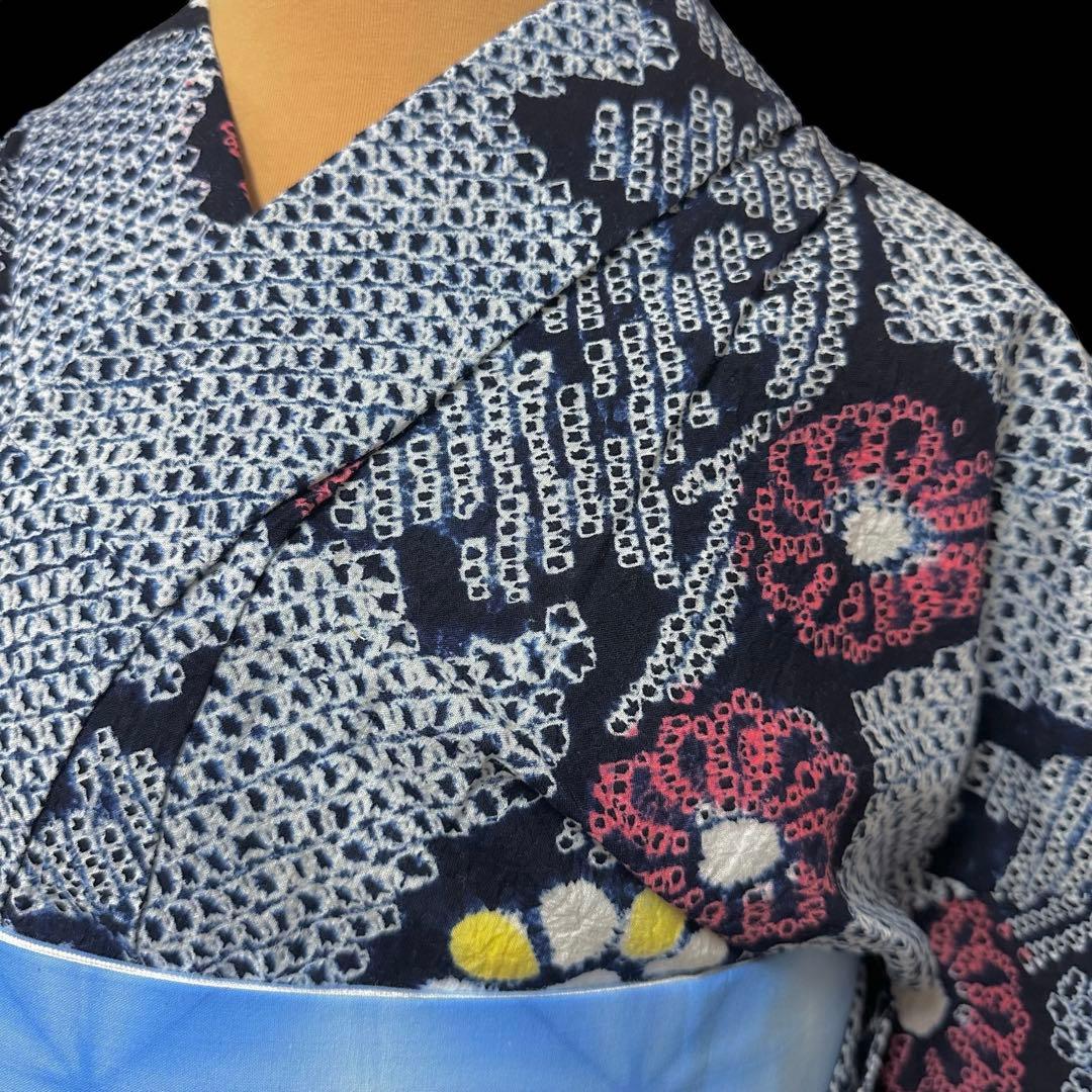 ★有松鳴海絞り浴衣‼️濃紺系　総絞り　手絞り　綿　クリーニング済