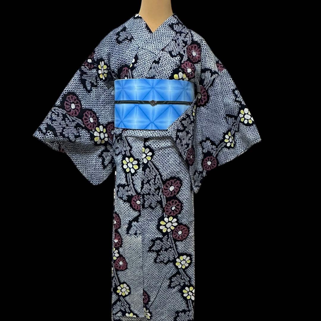 ★有松鳴海絞り浴衣‼️濃紺系　総絞り　手絞り　綿　クリーニング済