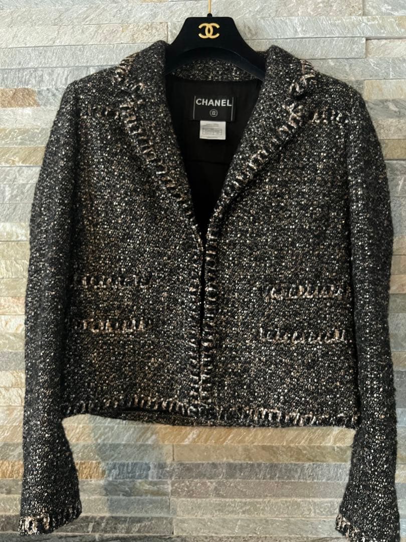 CHANEL テーラードジャケット 黒/白/ベージュ/ラメツイード　38