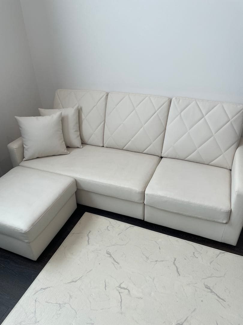 LOWYA 3人掛けカウチソファ クッション付き PVC生地 ホワイト(カウチ別