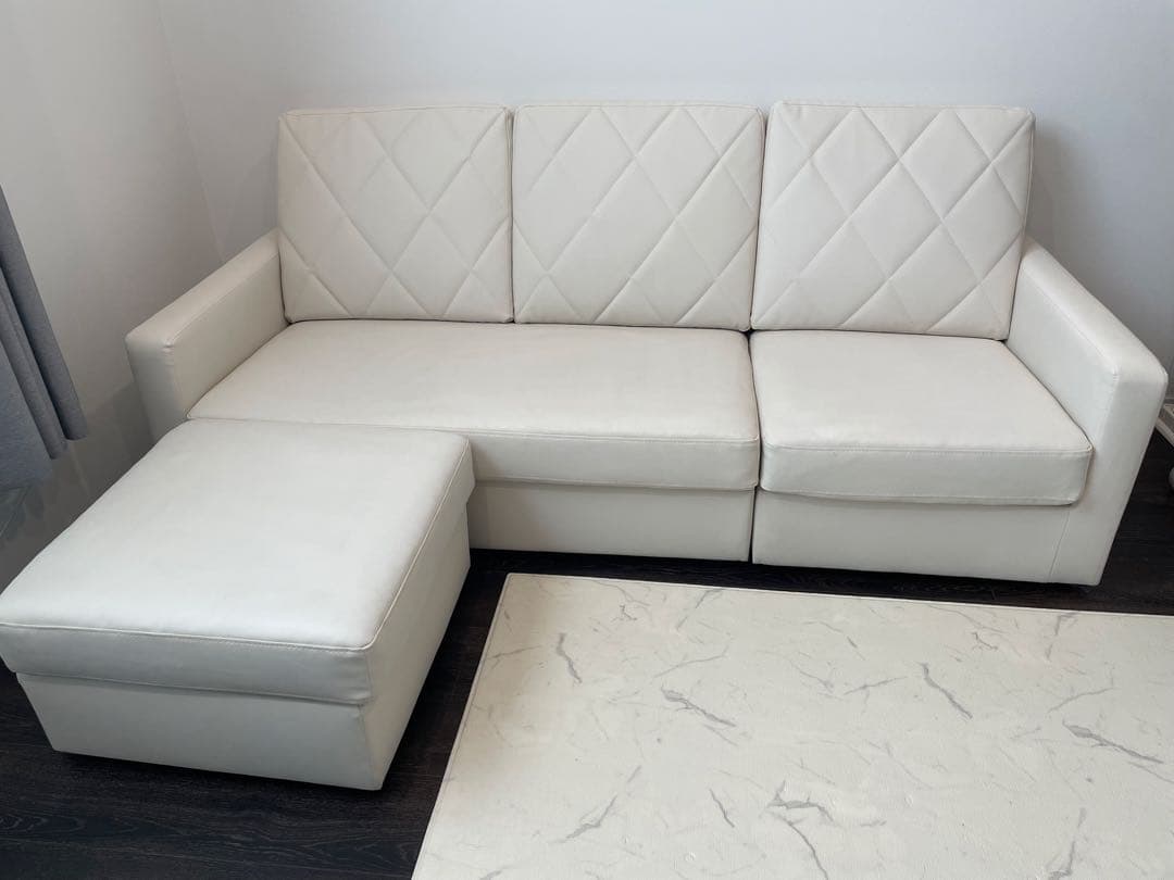 LOWYA 3人掛けカウチソファ クッション付き PVC生地 ホワイト(カウチ別