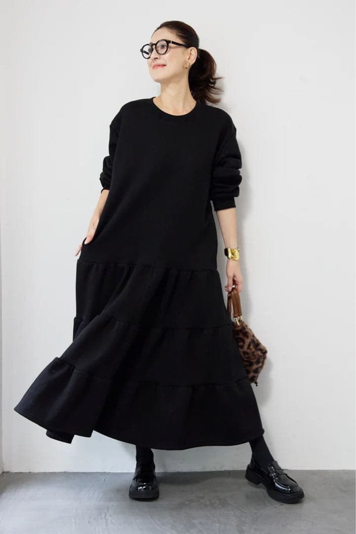 plus otoha 新品未使用タグ付き 裏起毛ティアードワンピース ブラック