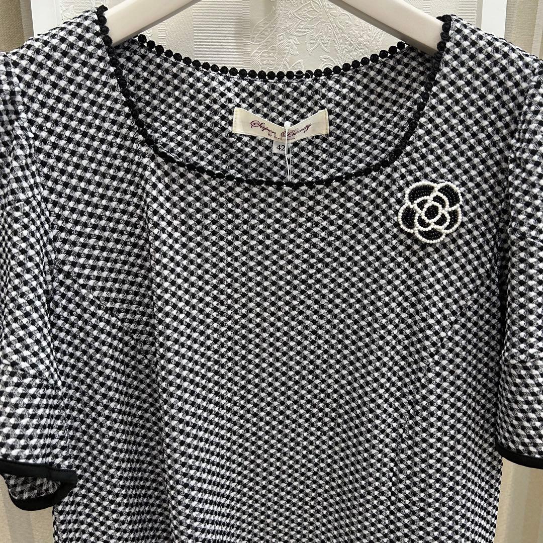S68: あいページ❣️ギンガムチェック チュニック 半袖ブラックサイズ42