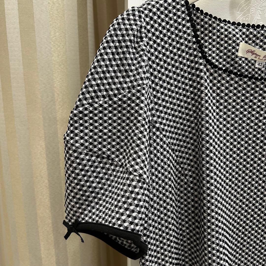 S68: あいページ❣️ギンガムチェック チュニック 半袖ブラックサイズ42