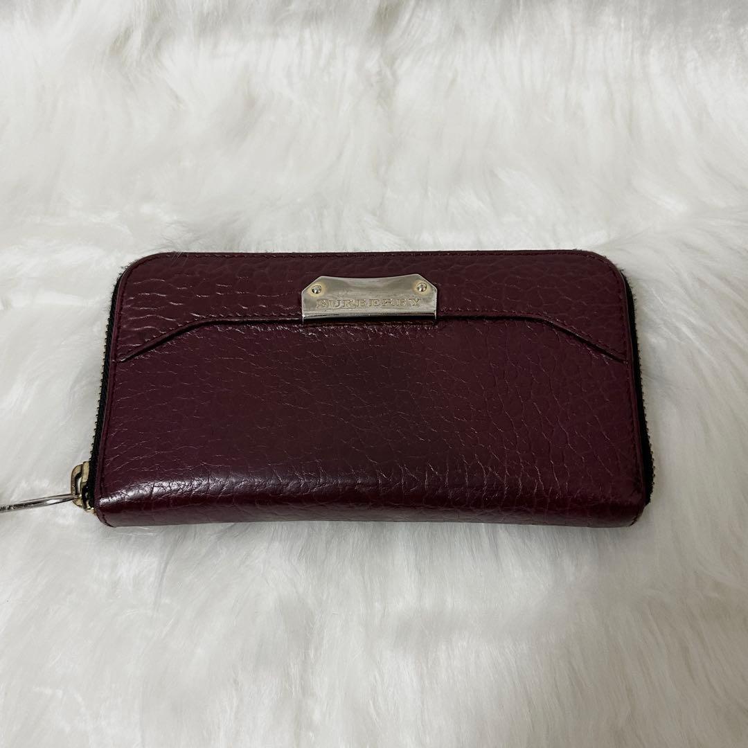 【美品】BURBERRY レザー 長財布 ノバチェック プレート ロゴ ボルドー