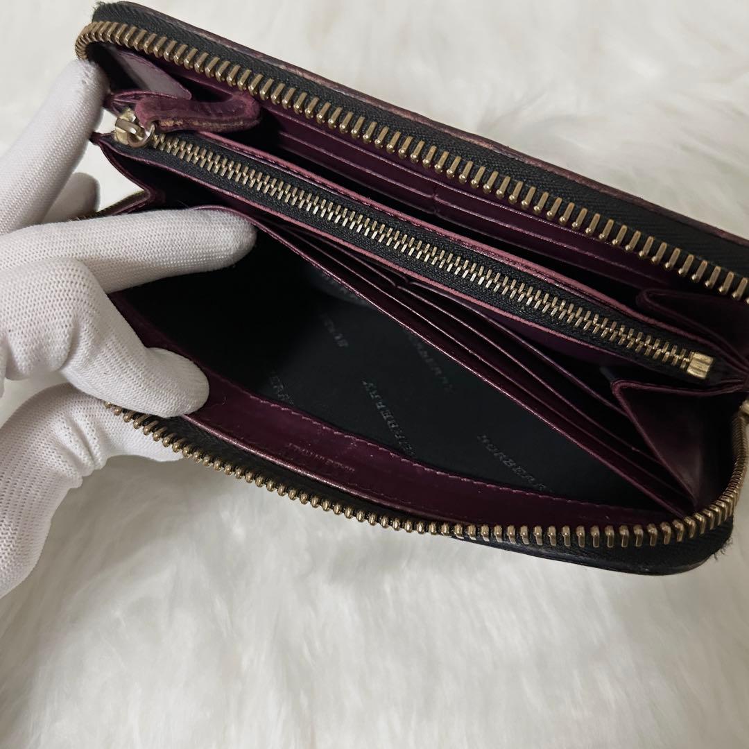 【美品】BURBERRY レザー 長財布 ノバチェック プレート ロゴ ボルドー