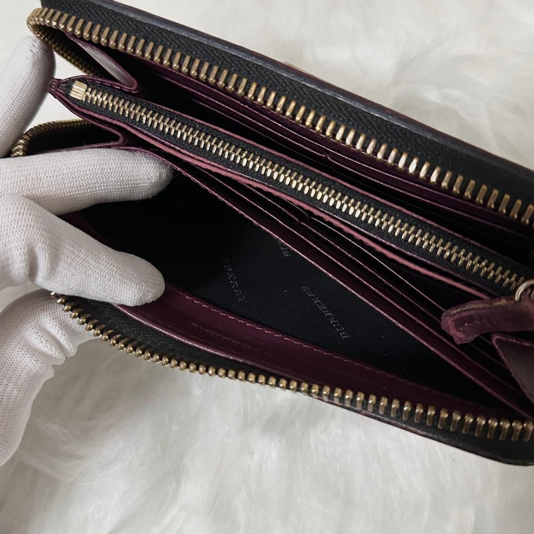 【美品】BURBERRY レザー 長財布 ノバチェック プレート ロゴ ボルドー
