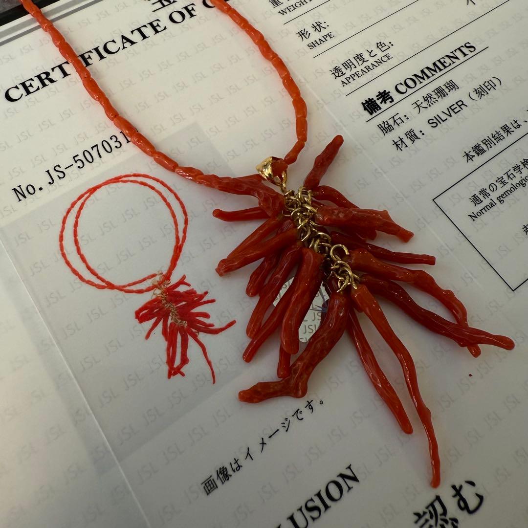 鑑定書付き　天然赤珊瑚のペンダントネックレス　地中海珊瑚　無染色