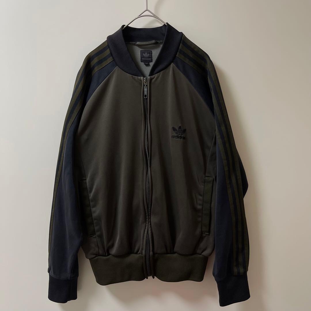 美品90s】アディダス刺繍トラックジャケット古着ジャージトップダークカーキ深緑