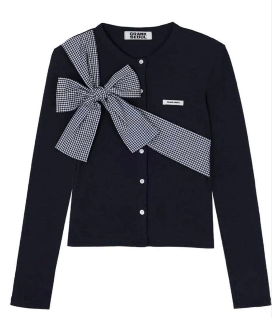 CRANK リボン付きネイビー長袖カーディガン