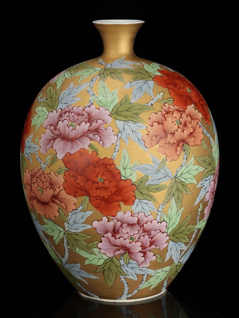 時代物 肥前 有田焼 金濃色絵牡丹文 花瓶 飾壺 骨董 古美術 在銘 高さ42㎝