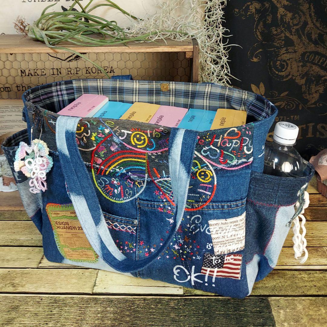 【Kal】大きな刺繍デニムバック　No.625　デニムリメイク
