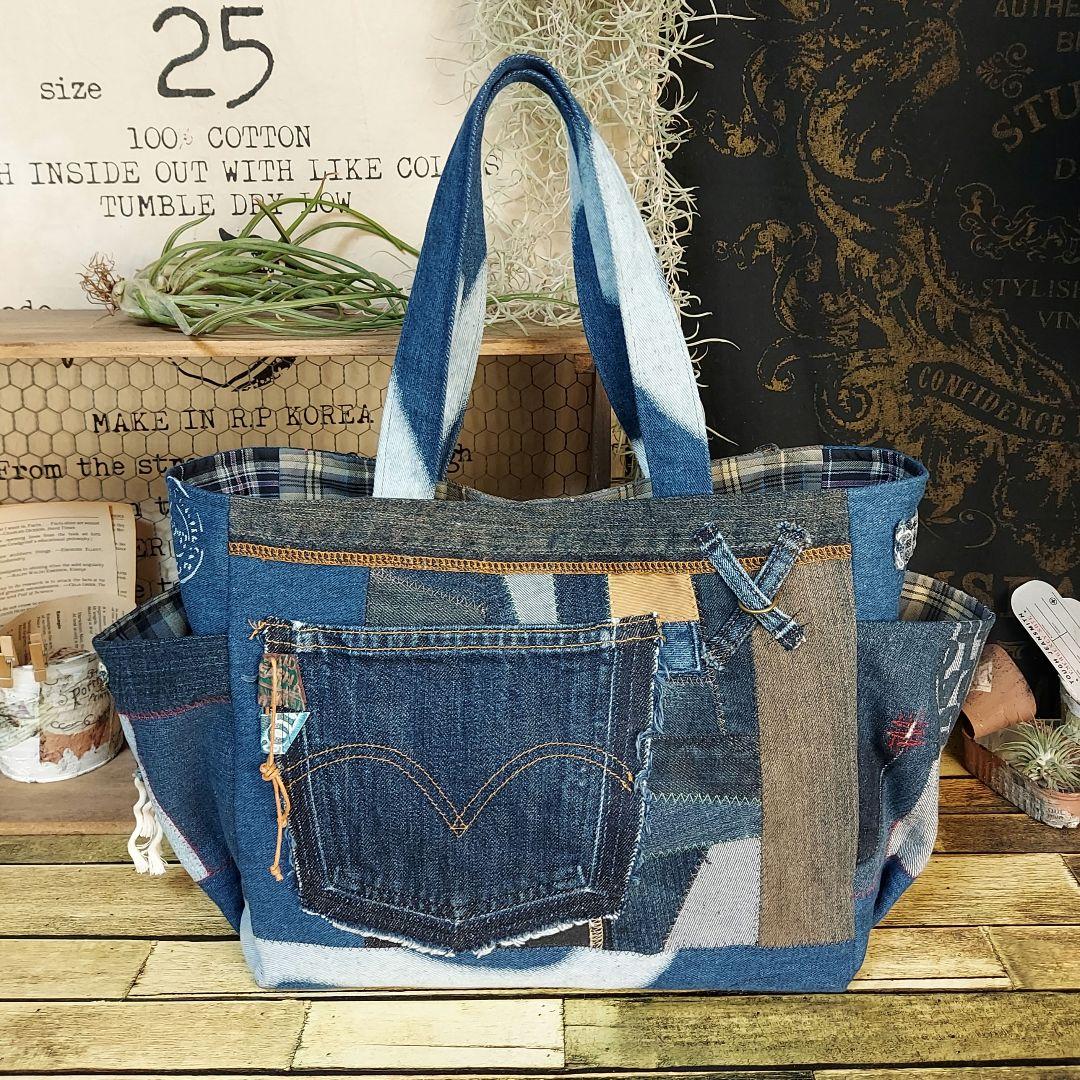 【Kal】大きな刺繍デニムバック　No.625　デニムリメイク