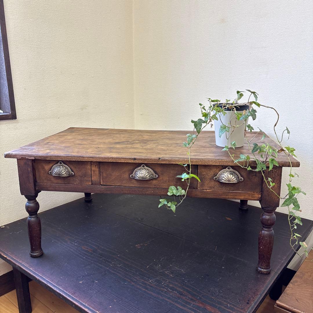 昭和レトロ 文机 ローテーブル 引き出し3杯 古家具 木製 机 ヴィンテージ