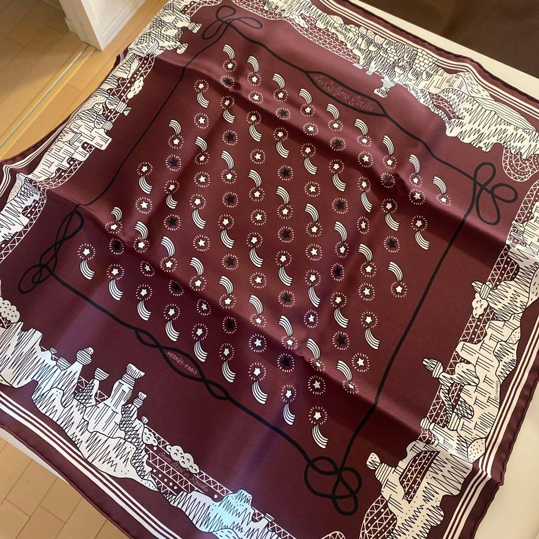 HERMES バーガンディ シルク スカーフ