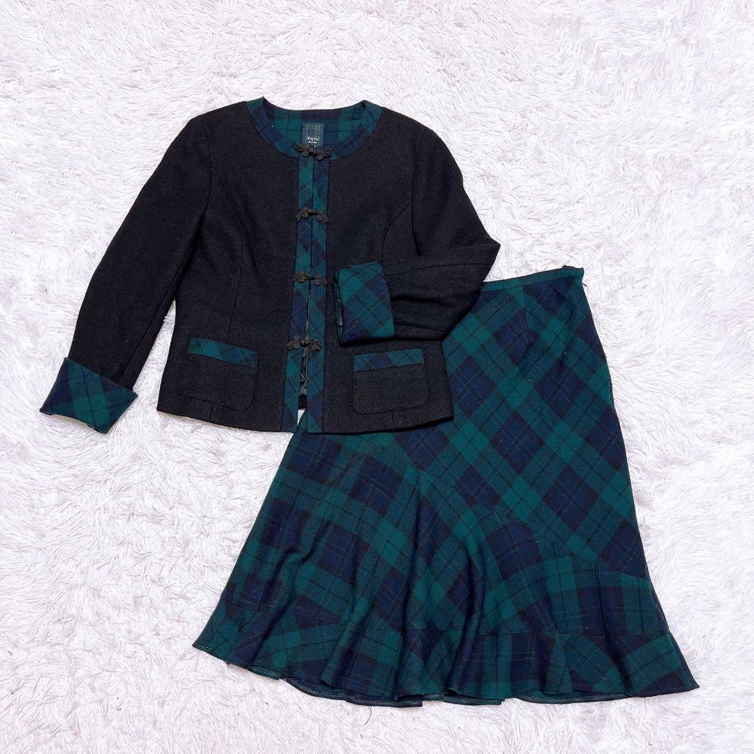 美品 KEITH チェック セットアップ チャイナ ノーカラー フリル スカート