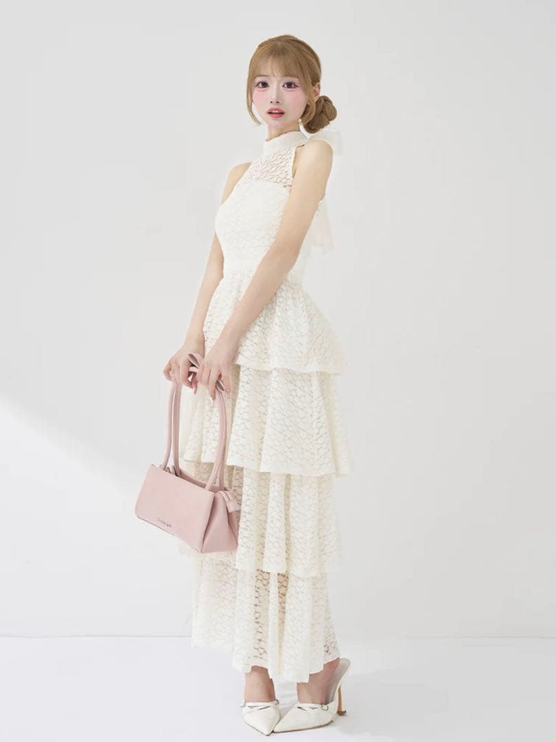 Darich♡バックリボンフラワーレースティアードロングドレス　(Free)