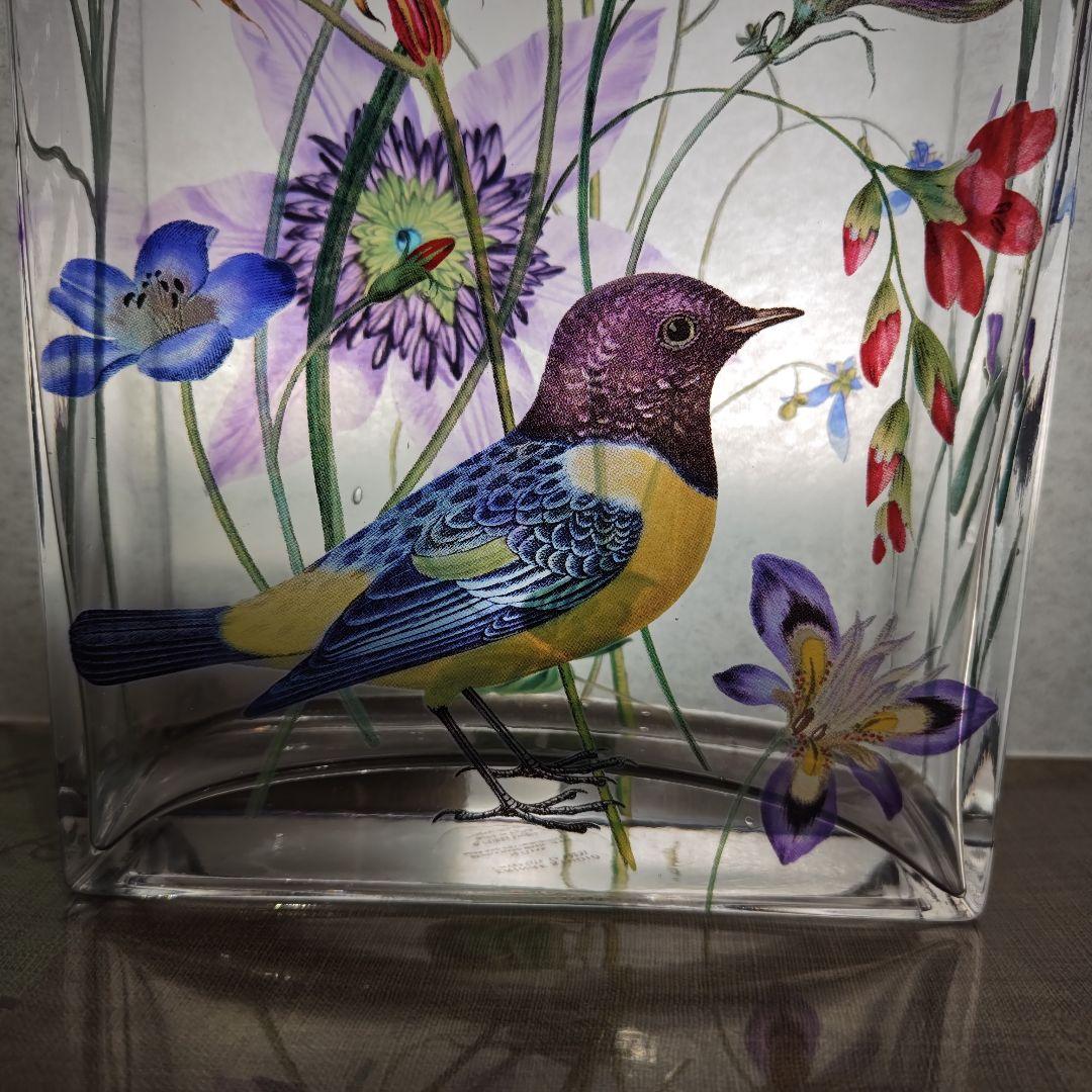 フリンジ ガラスアート 花瓶 フラワーベース 鳥 植物 花 絵画風