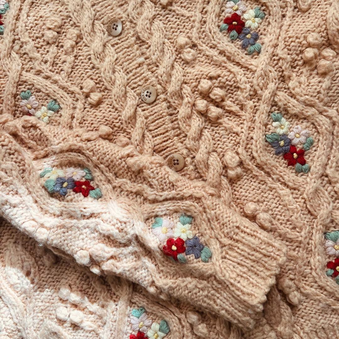 古着 ピンクハウス 花刺繍 ローゲージ手編み アランニット ピンク ヴィンテージ