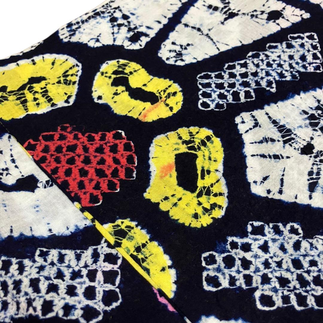 有松鳴海絞り 浴衣 ホワイト ネイビー 花柄 黄色 ピンク 綿 裄69cm 手縫