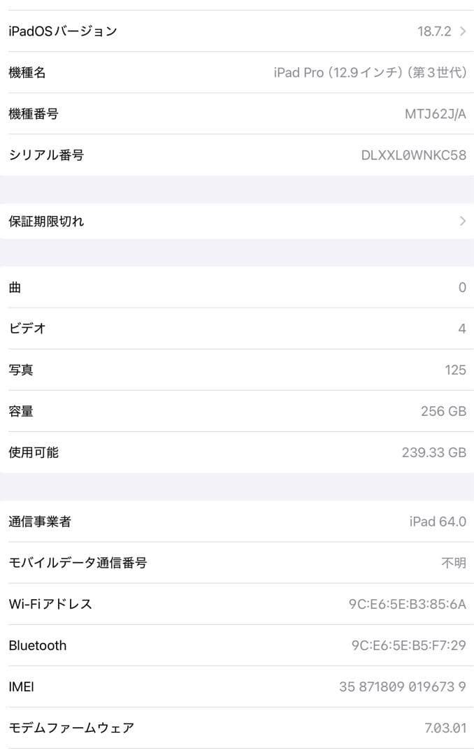 iPad Pro 12.9インチ(第3世代) 256GB A1895