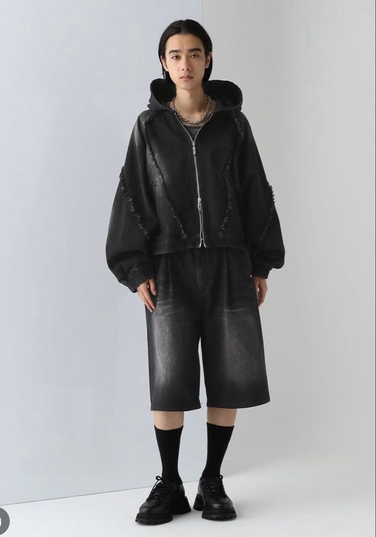 美品 HARE ハレ フリンジデニムフードブルゾン ブラック サイズS