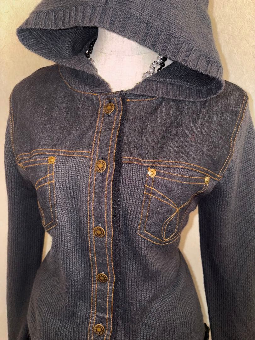 レア⭐︎平成ギャルarchiveニットデニムドッキングパーカー　フルボタンy2k