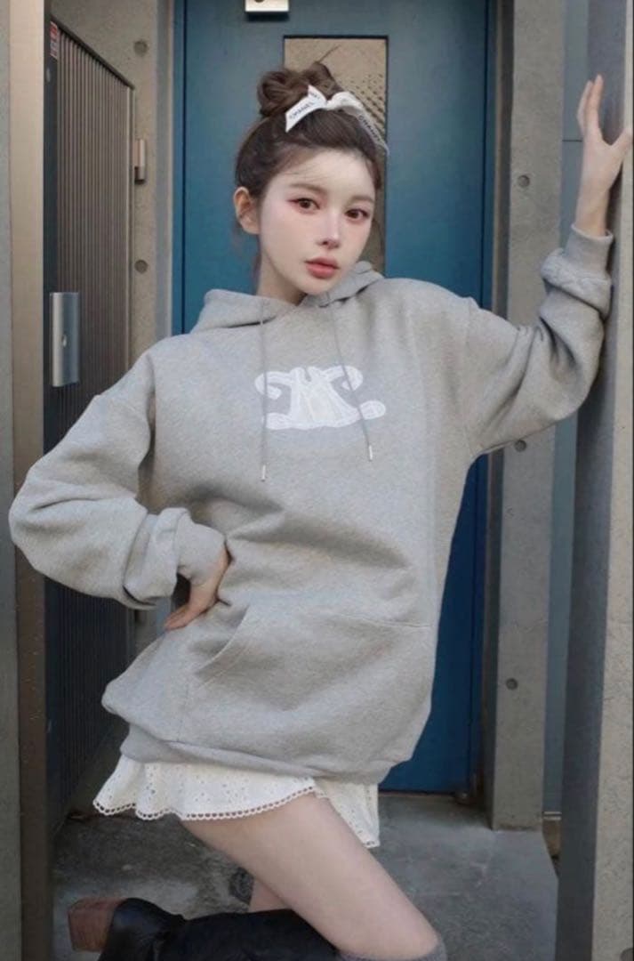 darich レースアップリケロゴフーディ グレー