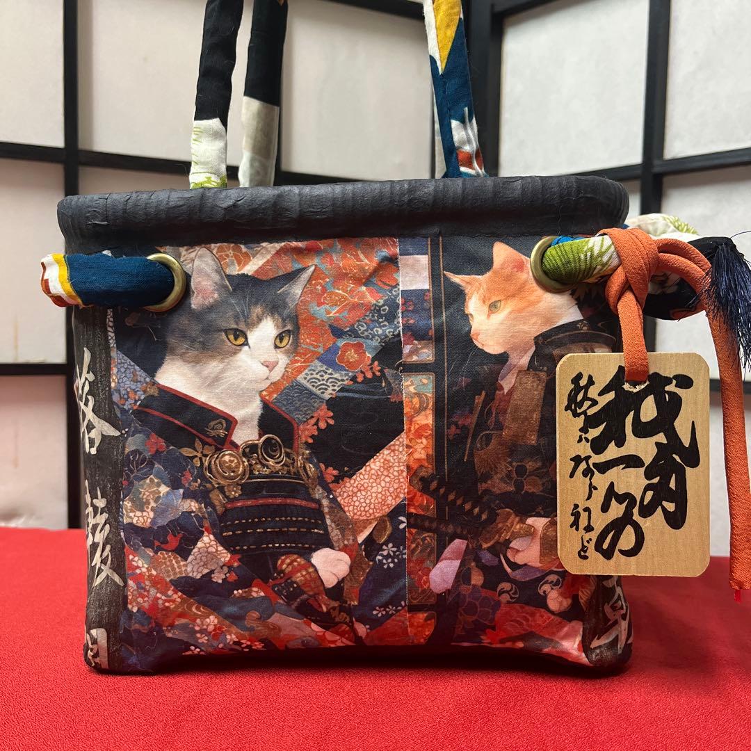 侍猫 一閑張り バッグ かごバッグ ハンドバッグ 和猫 和柄 武士 少し小さめ