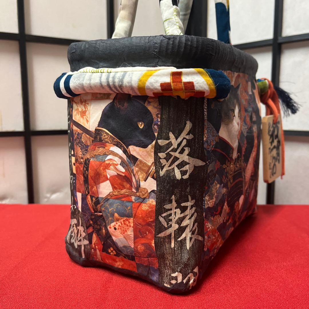 侍猫 一閑張り バッグ かごバッグ ハンドバッグ 和猫 和柄 武士 少し小さめ