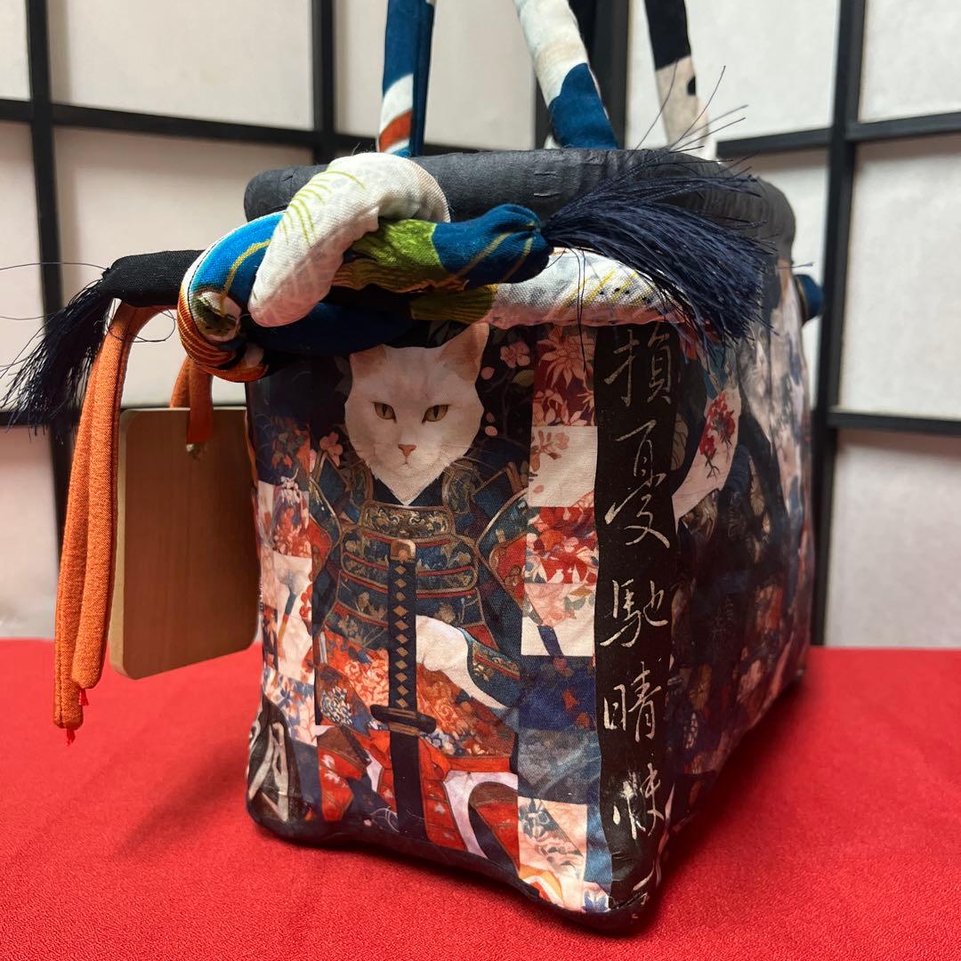 侍猫 一閑張り バッグ かごバッグ ハンドバッグ 和猫 和柄 武士 少し小さめ