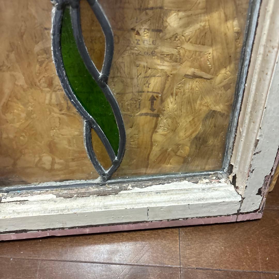 イギリス　アンティーク ステンドグラス フレーム　窓枠付き　花