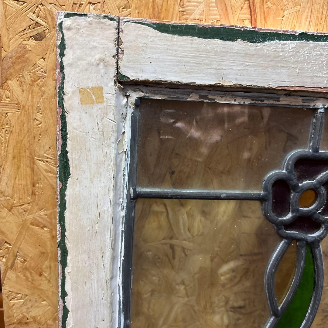 イギリス　アンティーク ステンドグラス フレーム　窓枠付き　花