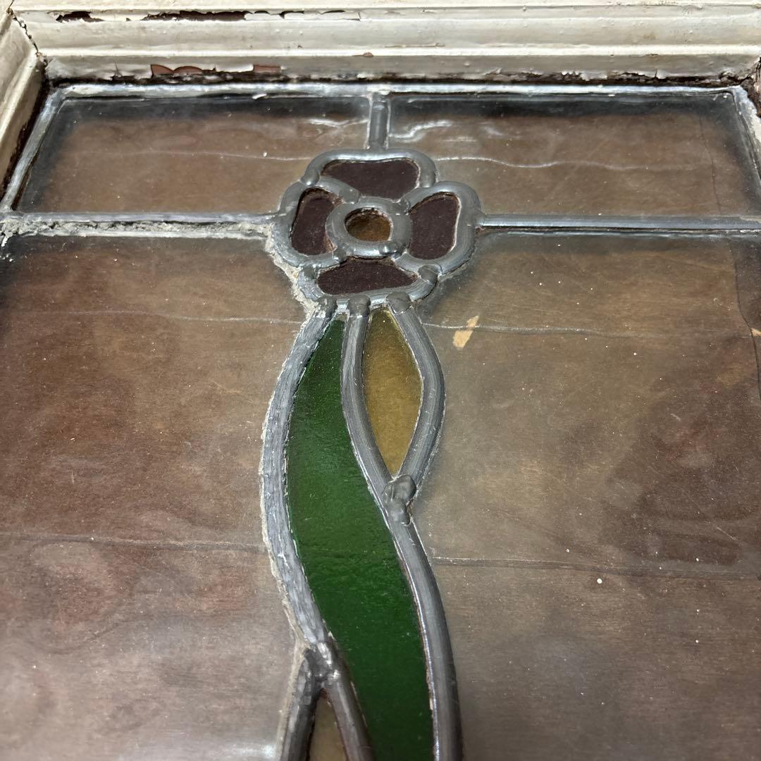 イギリス　アンティーク ステンドグラス フレーム　窓枠付き　花