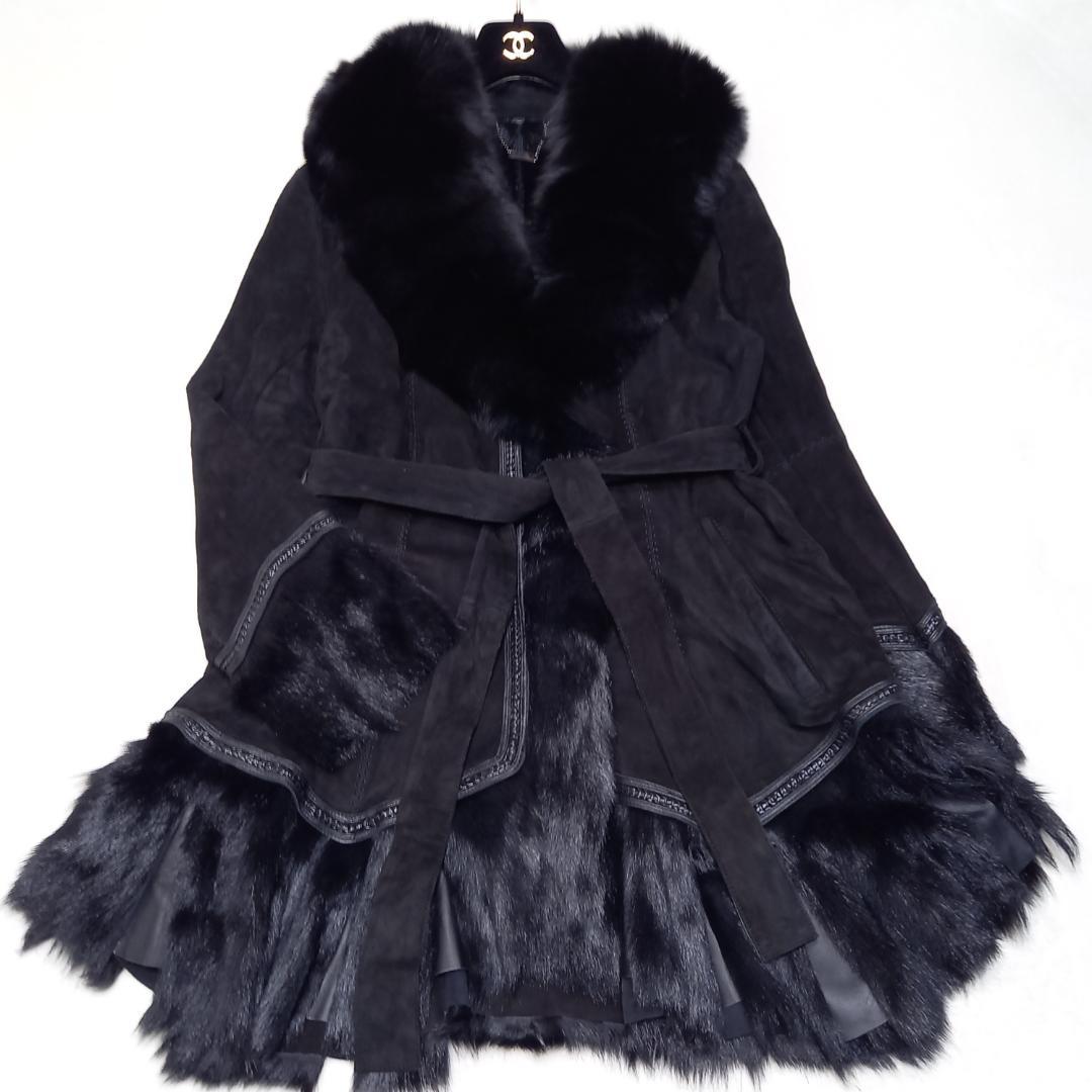 豪華✨リアルレザー＆リアルファー ベルテッドコート ゴートレザー ブラック